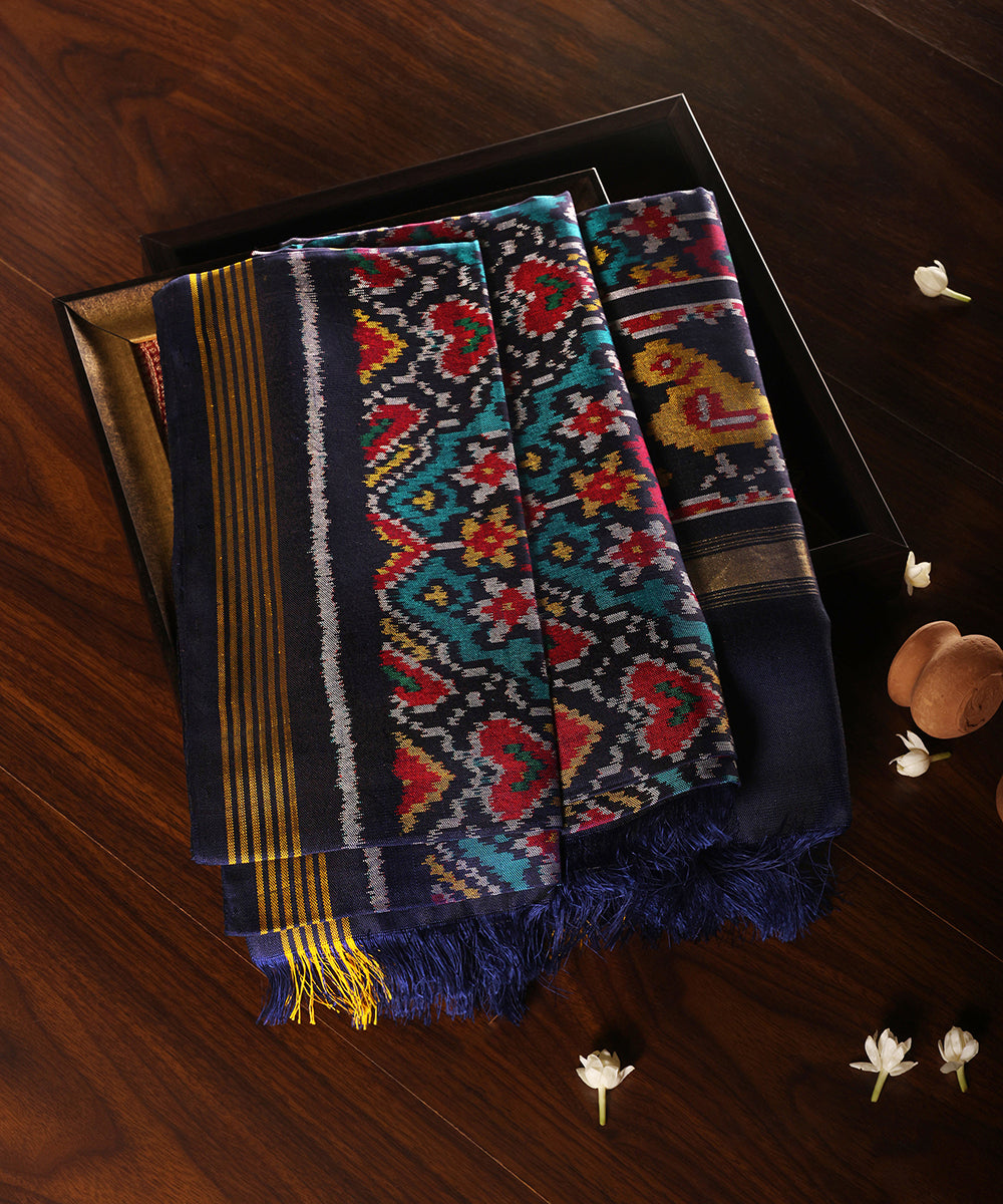 Handloom_Blue_Pure_Mulberry_Silk_Ikat_Patola_Dupatta_With_Mustard_Stripe_Border_WeaverStory_01