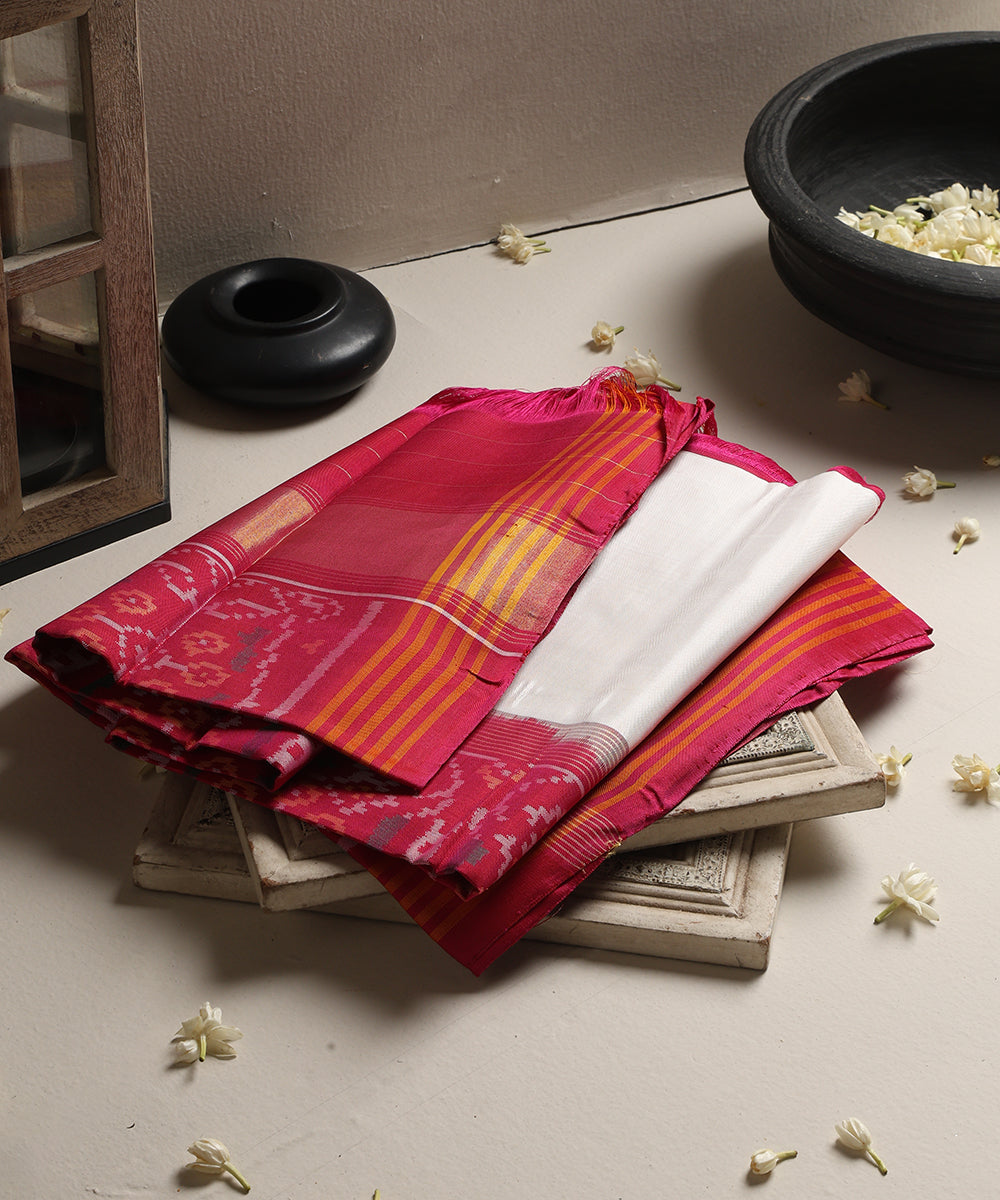 Handloom_Plain_White_Mulberry_Silk_Ikat_Patola_Dupatta_With_Pink_Border_Palla_WeaverStory_01