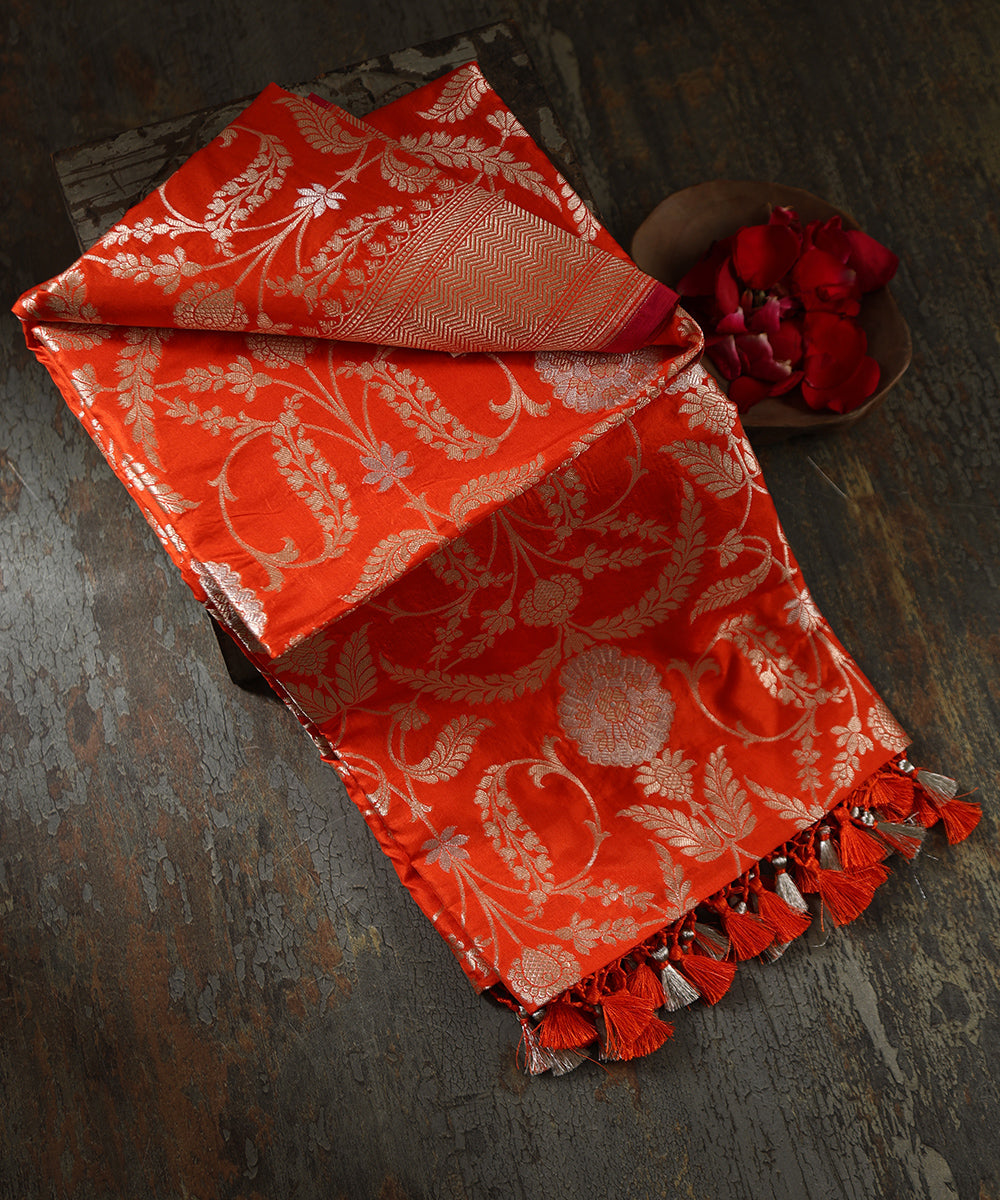 Orange_Handloom_Pure_Katan_Silk_Cutwork_Banarasi_Dupatta_With_Pink_Selvedge_WeaverStory_01