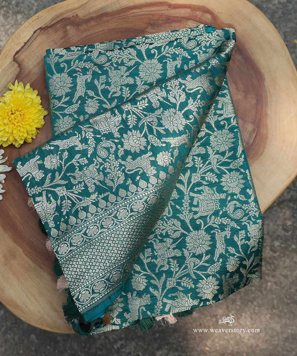 Teal_Green_Handloom_Pure_Katan_Silk_Kimkhab_Shikargah_Banarasi_Dupatta_WeaverStory_01