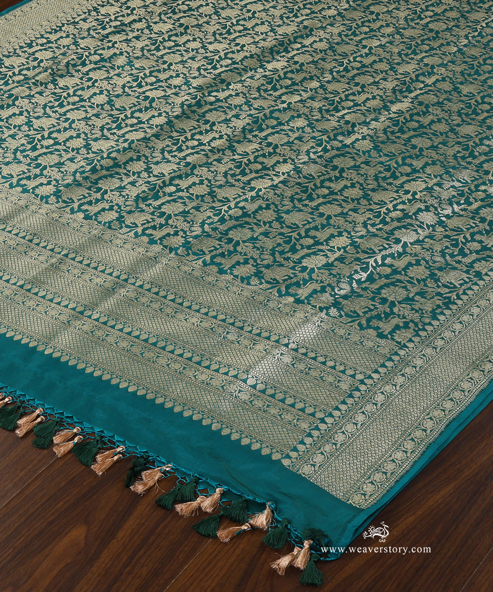 Teal_Green_Handloom_Pure_Katan_Silk_Kimkhab_Shikargah_Banarasi_Dupatta_WeaverStory_03