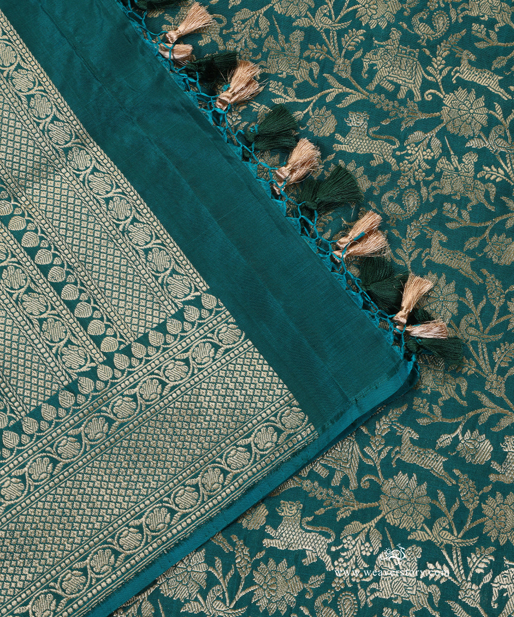 Teal_Green_Handloom_Pure_Katan_Silk_Kimkhab_Shikargah_Banarasi_Dupatta_WeaverStory_04