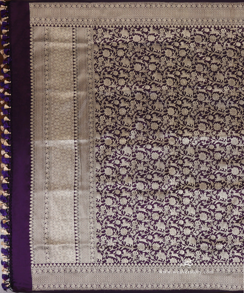 Handloom_Purple_Pure_Katan_Silk_Kimkhab_Shikargah_Banarasi_Dupatta_WeaverStory_02