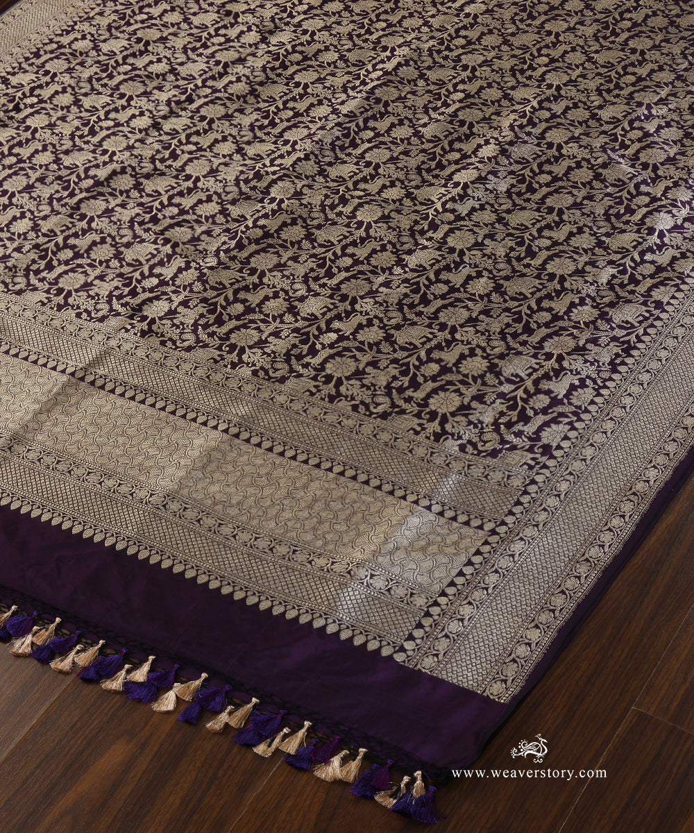 Handloom_Purple_Pure_Katan_Silk_Kimkhab_Shikargah_Banarasi_Dupatta_WeaverStory_03