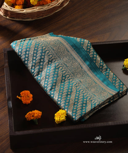 Handloom_Teal_Pure_Katan_Silk_Banarasi_Dupatta_With_Gold_Zari_Aadi_Jaal_WeaverStory_01