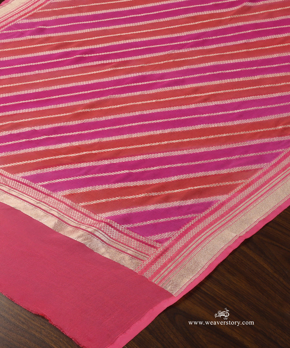 Handloom_Pink_And_Carrot_Pure_Georgette_Banarasi_Rangkat_Dupatta_With_Gold_Zari_Diagonal_Bel_WeaverStory_03