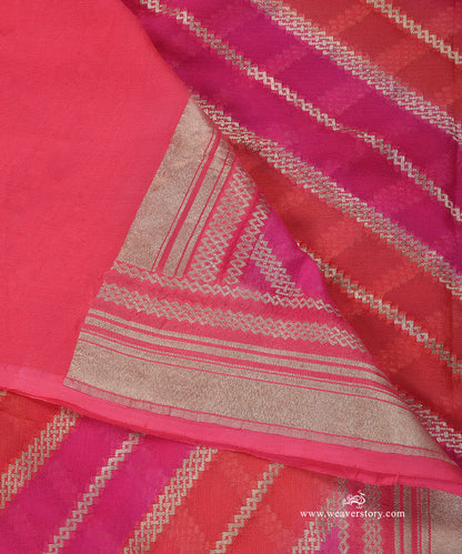 Handloom_Pink_And_Carrot_Pure_Georgette_Banarasi_Rangkat_Dupatta_With_Gold_Zari_Diagonal_Bel_WeaverStory_04