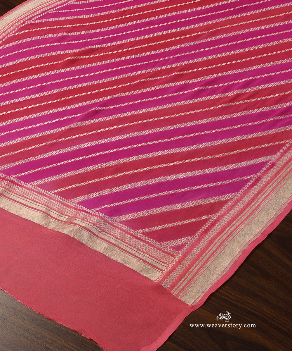 Hot_Pink_And_Carrot_Handloom_Pure_Georgette_Banarasi_Rangkat_Dupatta_With_Gold_Zari_Diagonal_Bel_WeaverStory_03