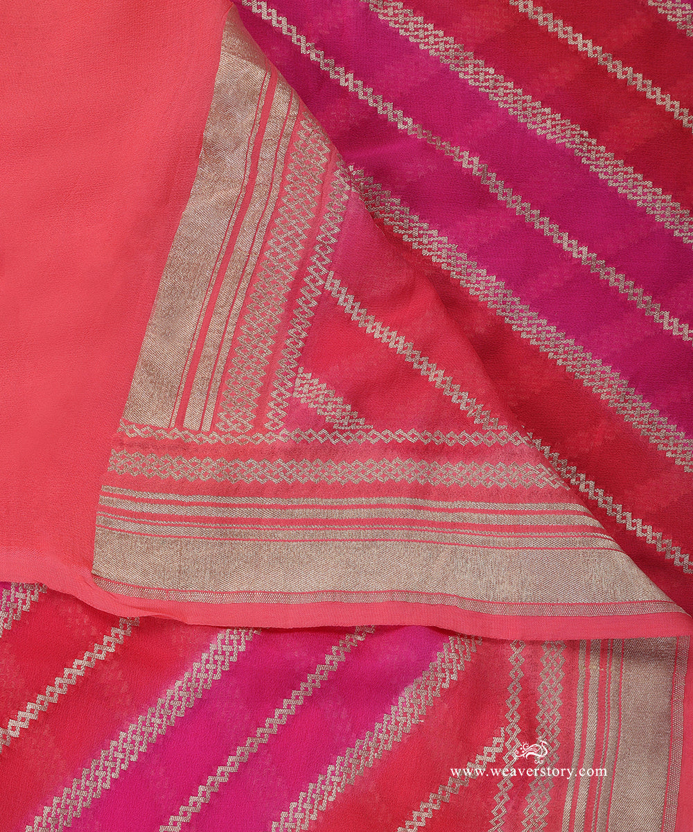 Hot_Pink_And_Carrot_Handloom_Pure_Georgette_Banarasi_Rangkat_Dupatta_With_Gold_Zari_Diagonal_Bel_WeaverStory_04