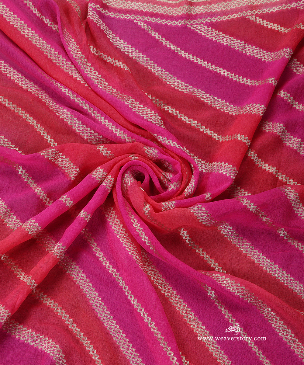 Hot_Pink_And_Carrot_Handloom_Pure_Georgette_Banarasi_Rangkat_Dupatta_With_Gold_Zari_Diagonal_Bel_WeaverStory_05