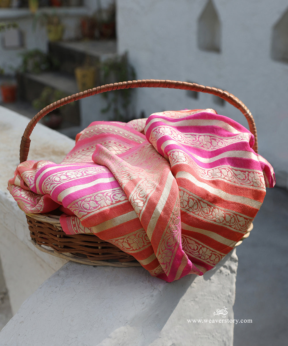 Hot_Pink_And_Orange_Handloom_Pure_Georgette_Banarasi_Rangkat_Dupatta_With_Gold_Zari_Diagonal_Floral_Bel_WeaverStory_01