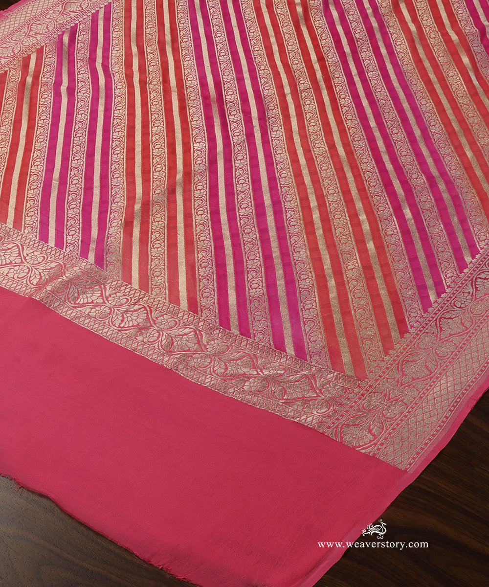 Hot_Pink_And_Orange_Handloom_Pure_Georgette_Banarasi_Rangkat_Dupatta_With_Gold_Zari_Diagonal_Floral_Bel_WeaverStory_03