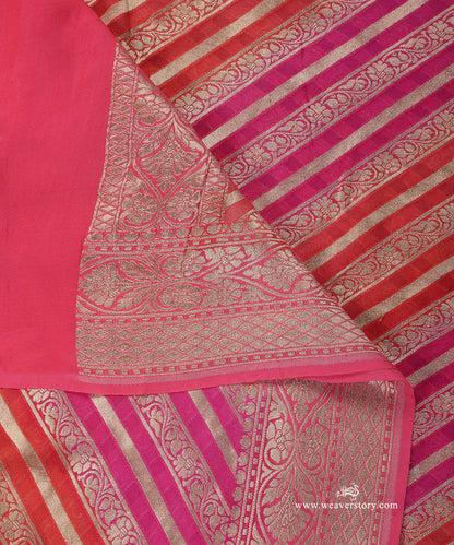 Hot_Pink_And_Orange_Handloom_Pure_Georgette_Banarasi_Rangkat_Dupatta_With_Gold_Zari_Diagonal_Floral_Bel_WeaverStory_04