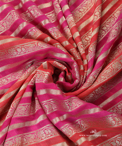 Hot_Pink_And_Orange_Handloom_Pure_Georgette_Banarasi_Rangkat_Dupatta_With_Gold_Zari_Diagonal_Floral_Bel_WeaverStory_05