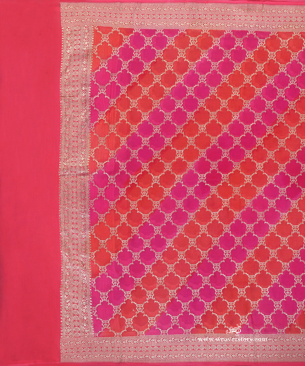 Handloom_Hot_Pink_And_Carrot_Pure_Georgette_Banarasi_Rangkat_Dupatta_With_Gold_Zari_Diamond_Jaal_WeaverStory_02