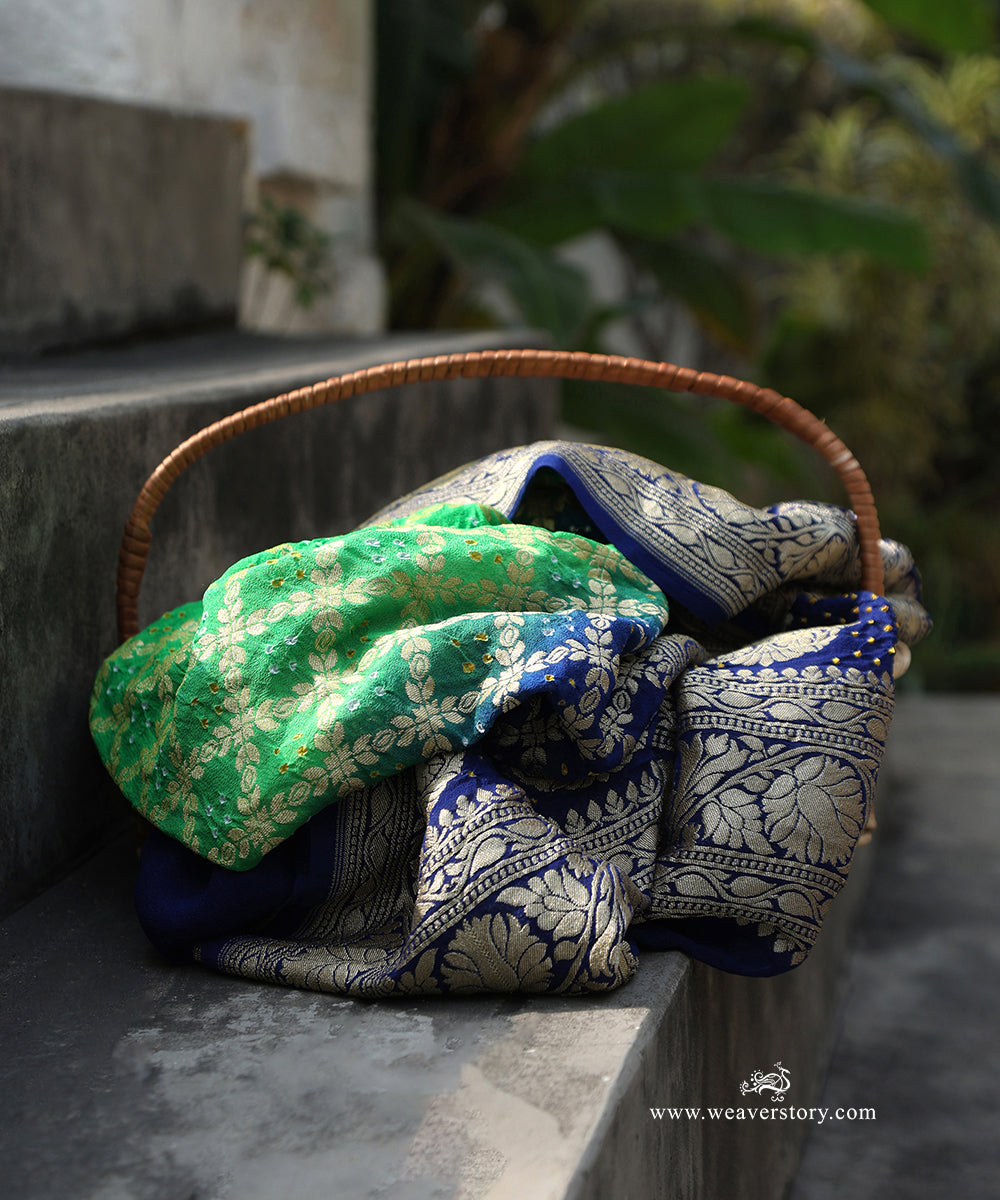 Parrot_Green_And_Blue_Ombre_Dyed_Handloom_Pure_Georgette_Banarasi_Bandhej_Dupatta_WeaverStory_01