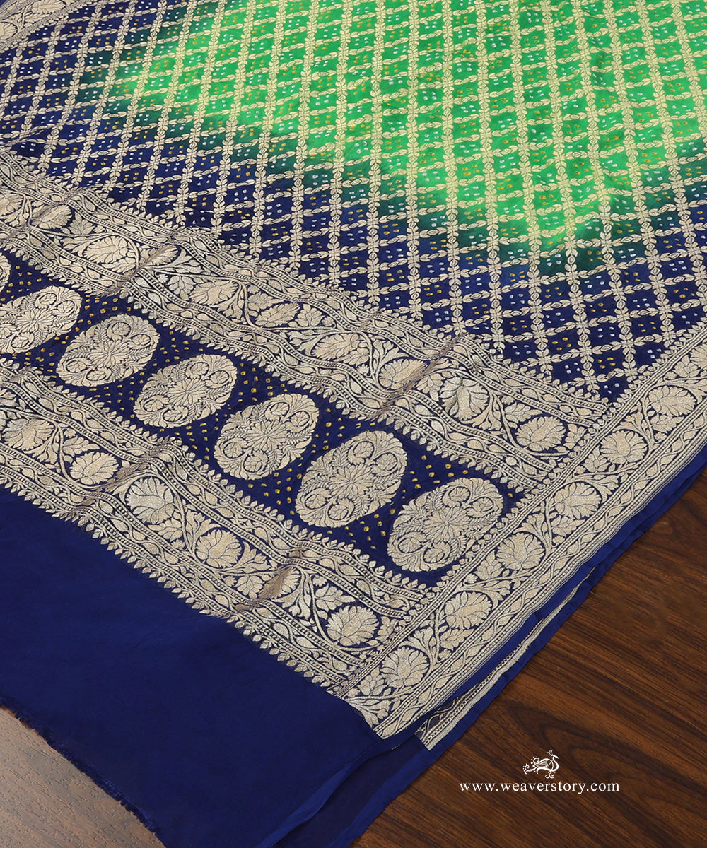 Parrot_Green_And_Blue_Ombre_Dyed_Handloom_Pure_Georgette_Banarasi_Bandhej_Dupatta_WeaverStory_03