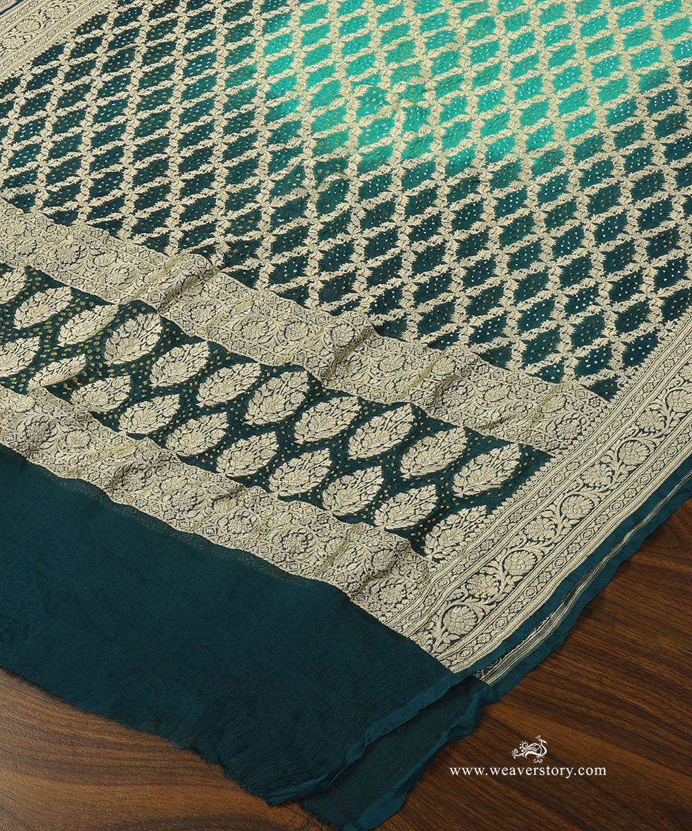 Teal_And_Blue_Ombre_Dyed_Handloom_Pure_Georgette_Banarasi_Bandhej_Dupatta_WeaverStory_03