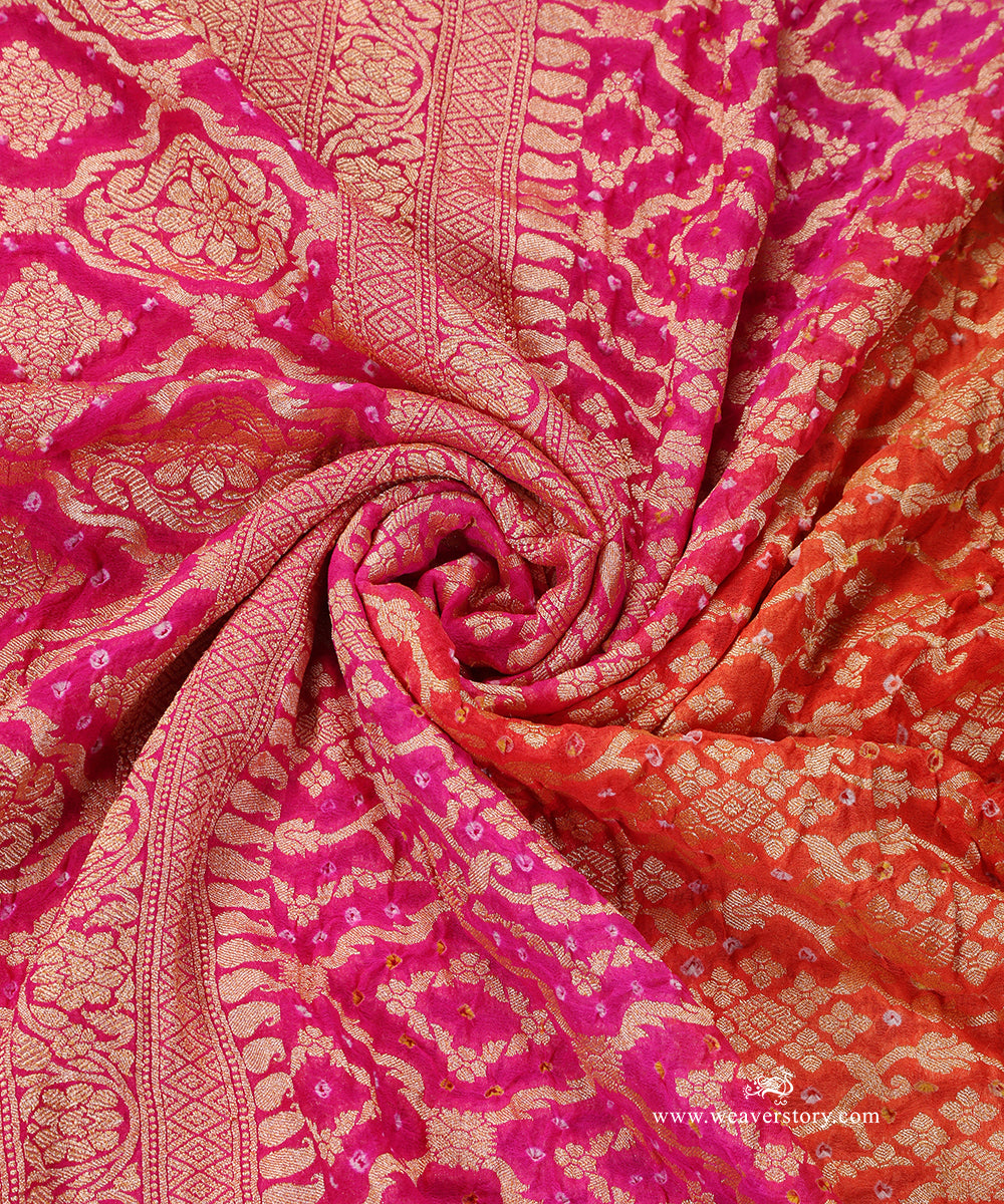 Handloom_Pink_And_Orange_Ombre_Dyed_Pure_Georgette_Banarasi_Bandhej_Dupatta_WeaverStory_05