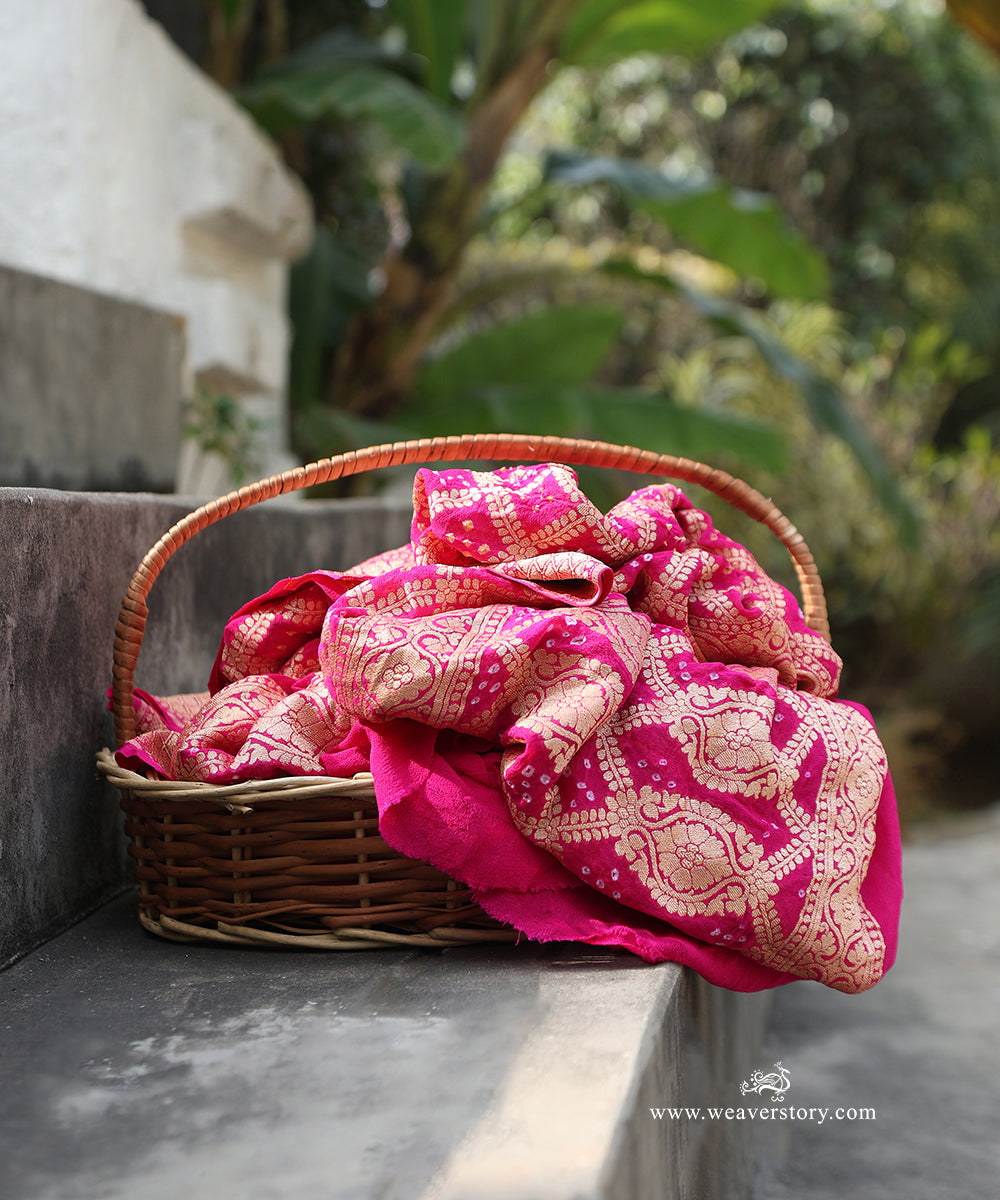 Handloom_Rani_Pink_Pure_Georgette_Banarasi_Bandhej_Dupatta_WeaverStory_01