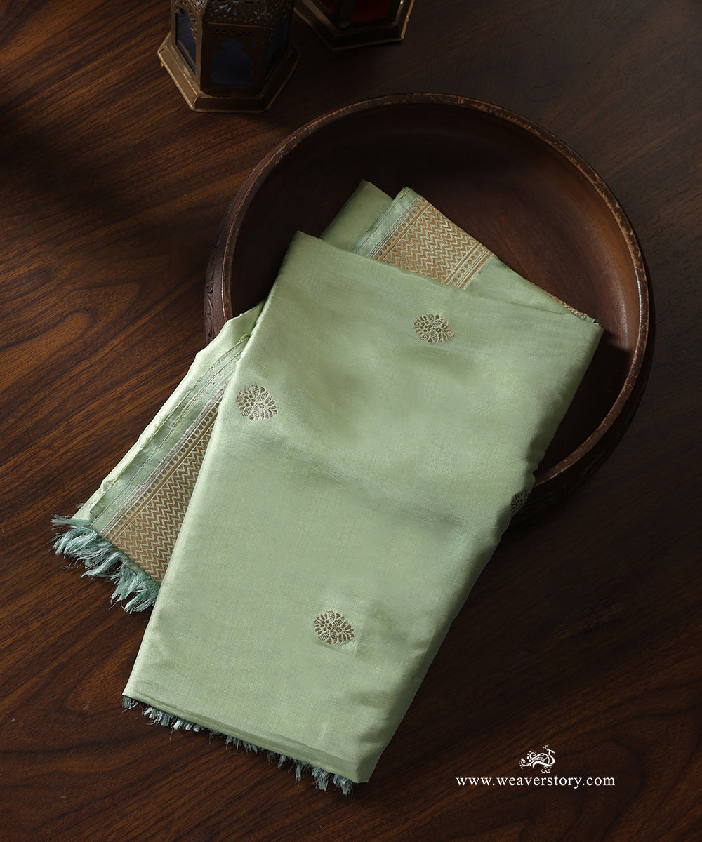 Pista_Green_Handloom_Pure_Katan_Silk_Banarasi_Dupatta_With_Boota_And_Saffron_Border_WeaverStory_01