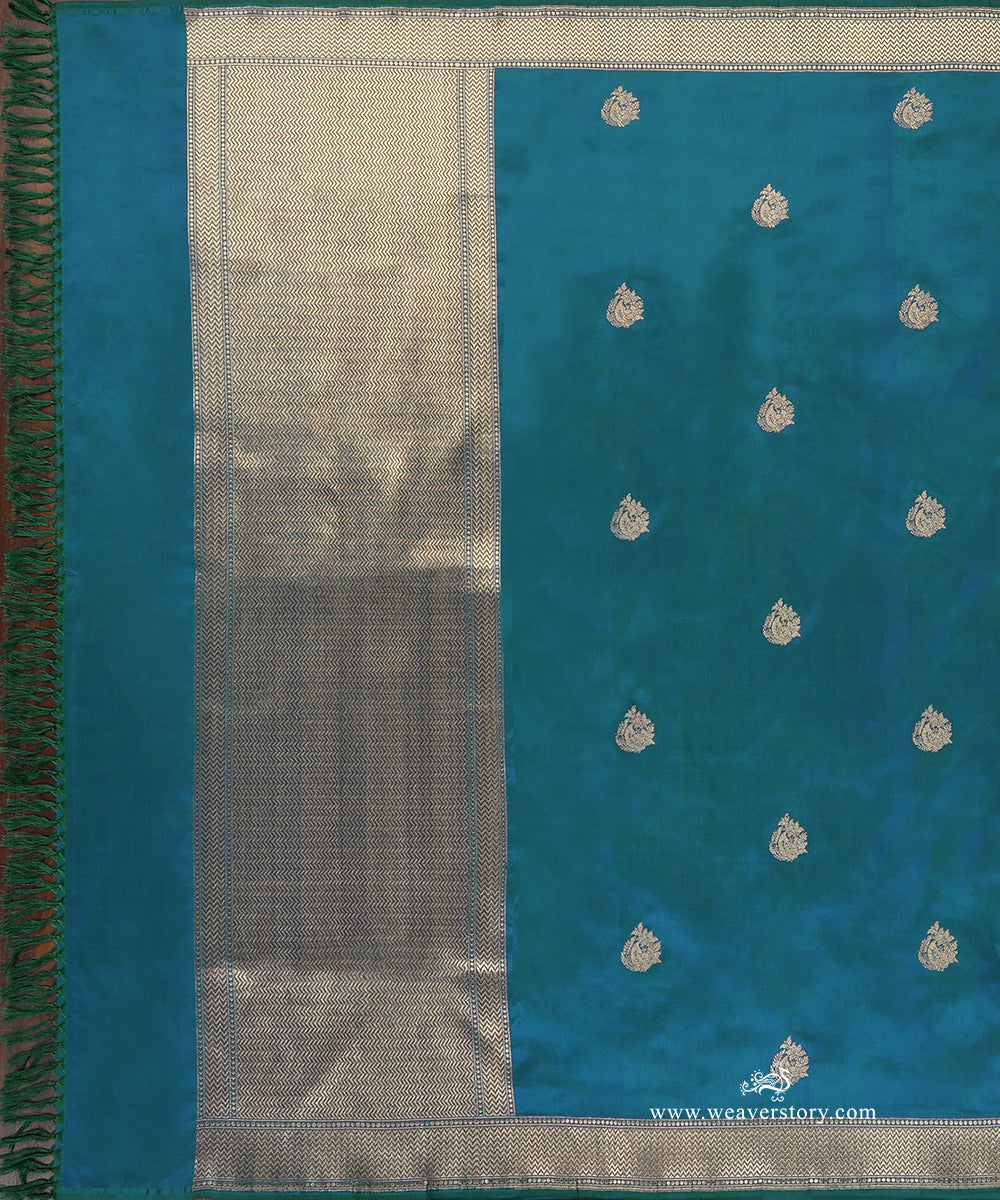 Peacock_Blue_Handloom_Pure_Katan_Silk_Banarasi_Dupatta_With_Kadhwa_Boota_And_Saffron_Border_WeaverStory_02