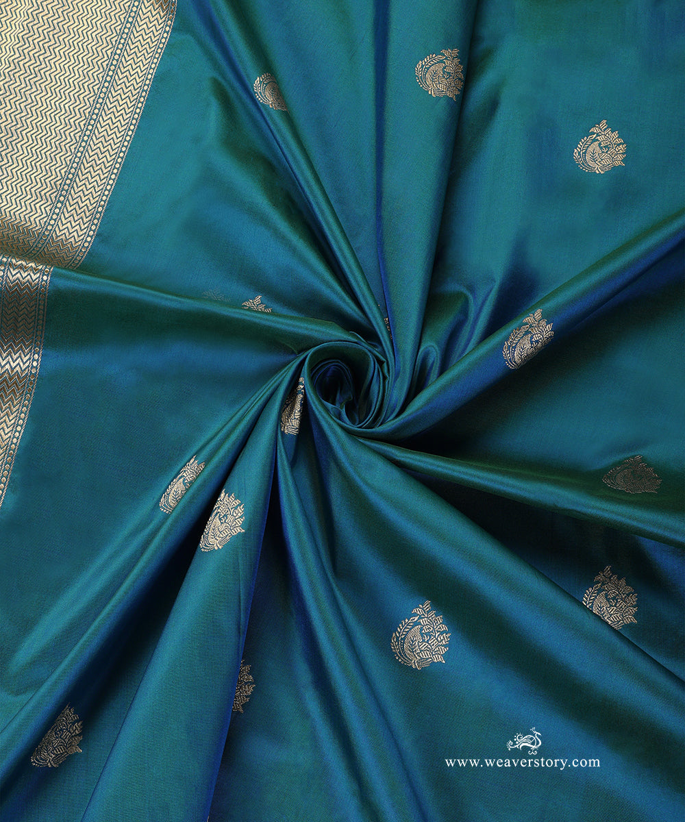 Peacock_Blue_Handloom_Pure_Katan_Silk_Banarasi_Dupatta_With_Kadhwa_Boota_And_Saffron_Border_WeaverStory_05