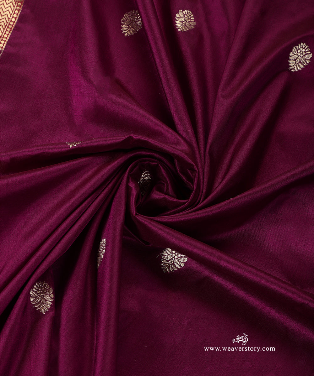 Plum_Handloom_Pure_Katan_Silk_Banarasi_Dupatta_With_Kadhwa_Boota_And_Saffron_Border_WeaverStory_05