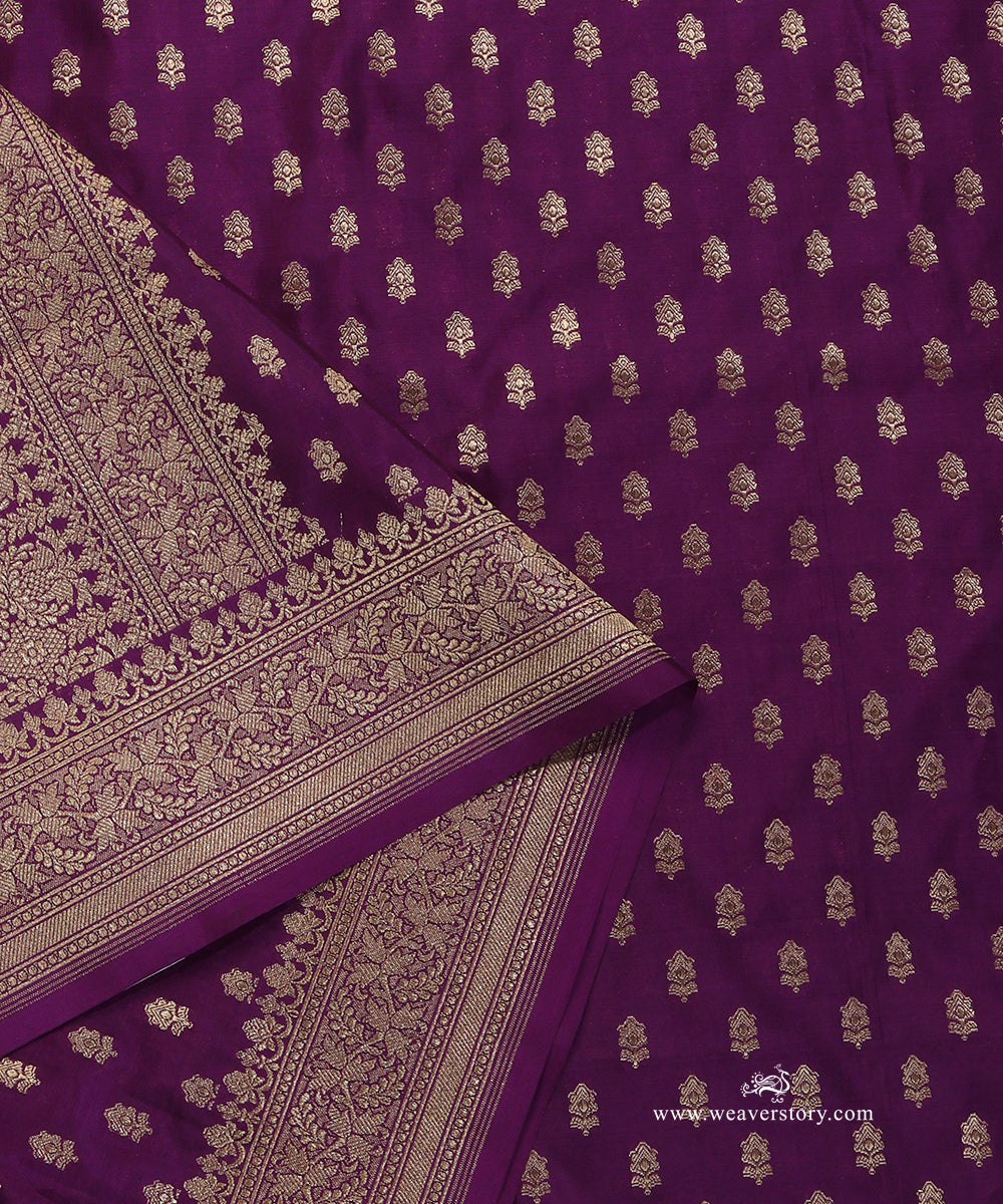 Purple_Handloom_Pure_Katan_Silk_Banarasi_Dupatta_With_Small_Flower_WeaverStory_04