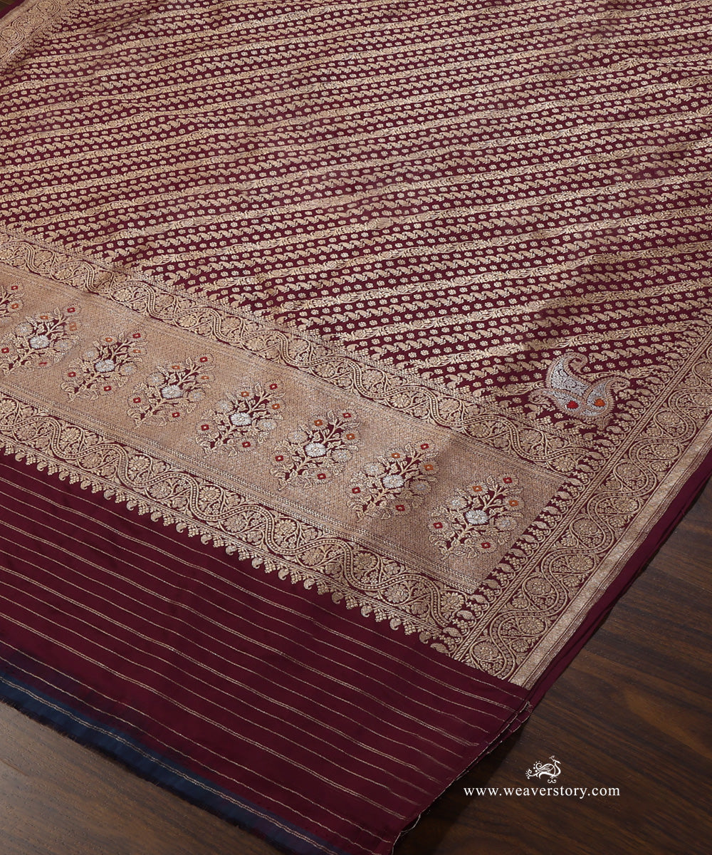 Wine_Handloom_Pure_Katan_Silk_Banarasi_Dupatta_With_Small_Flower_WeaverStory_03