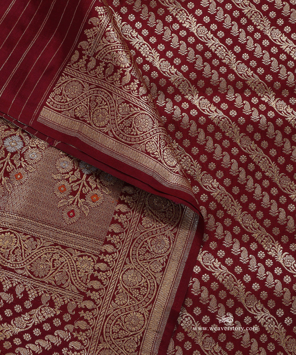 Maroon_Handloom_Pure_Katan_Silk_Banarasi_Dupatta_With_Gold_Zari_Aada_Jaal_WeaverStory_04