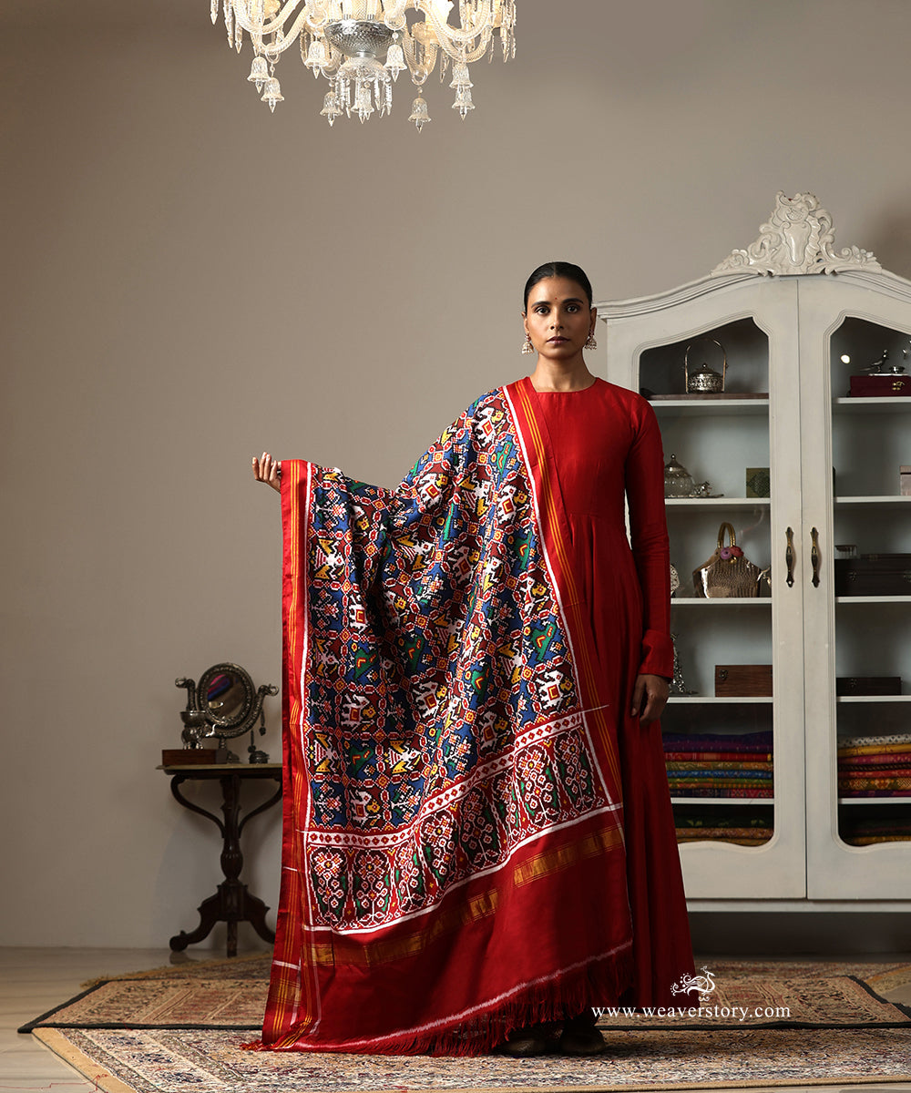 Blue_Handloom_Double_Ikat_Patola_Duptta_With_Hathi_Popat_Motifs_WeaverStory_01
