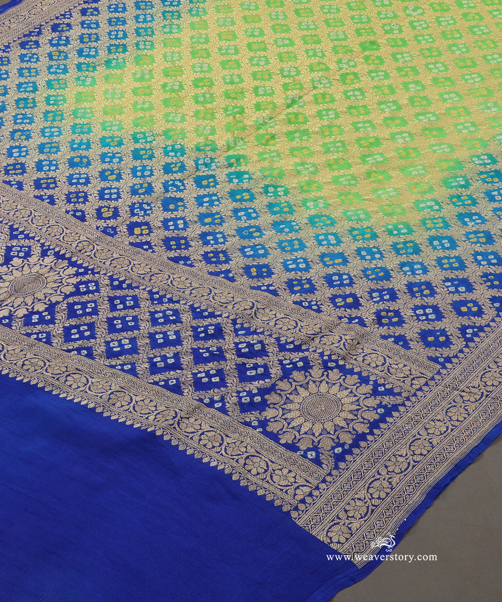 Parrot_Green_And_Blue_Ombre_Dyed_Handloom_Pure_Georgette_Banarasi_Bandhej_Dupatta_WeaverStory_03