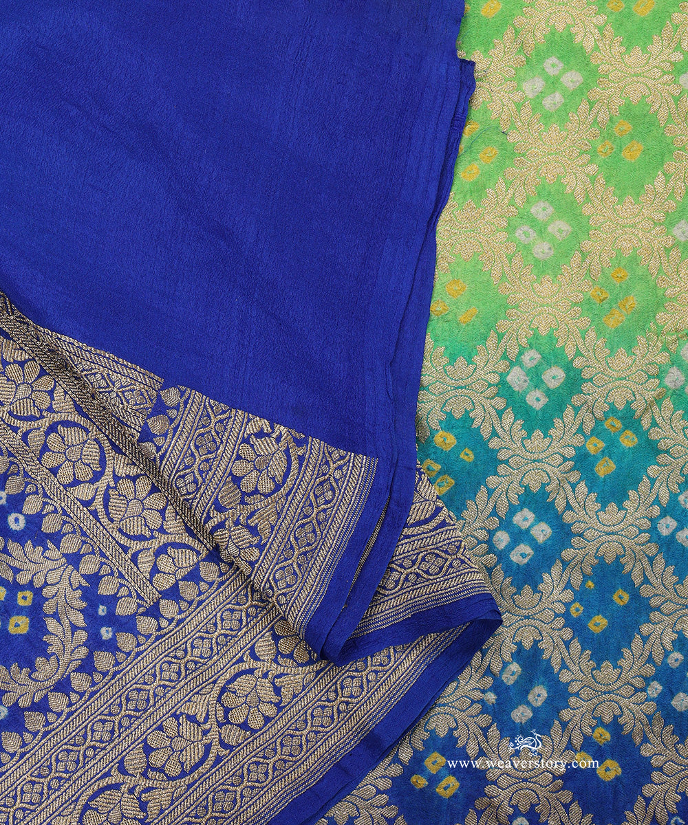 Parrot_Green_And_Blue_Ombre_Dyed_Handloom_Pure_Georgette_Banarasi_Bandhej_Dupatta_WeaverStory_04