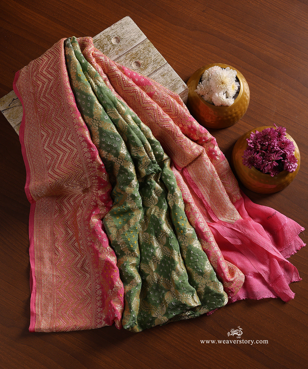 Olive_Green_And_Soft_Pink_Ombre_Dyed_Handloom_Pure_Georgette_Banarasi_Bandhej_Dupatta_WeaverStory_01