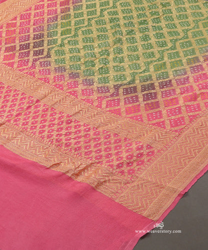 Olive_Green_And_Soft_Pink_Ombre_Dyed_Handloom_Pure_Georgette_Banarasi_Bandhej_Dupatta_WeaverStory_03