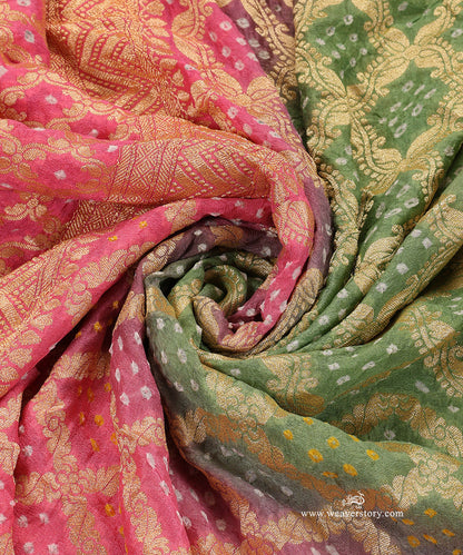 Olive_Green_And_Soft_Pink_Ombre_Dyed_Handloom_Pure_Georgette_Banarasi_Bandhej_Dupatta_WeaverStory_05