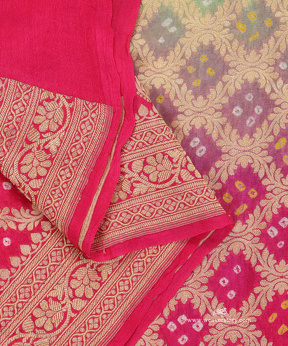Heena_Green_And_Pink_Ombre_Dyed_Handloom_Pure_Georgette_Banarasi_Bandhej_Dupatta_WeaverStory_04