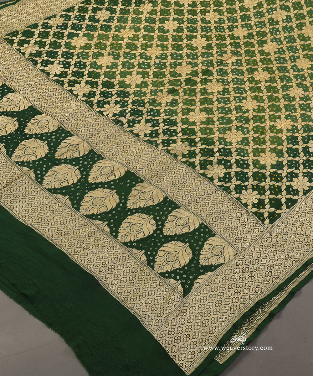 Olive_Green_And_Green_Ombre_Dyed_Handloom_Pure_Georgette_Banarasi_Bandhej_Dupatta_WeaverStory_03