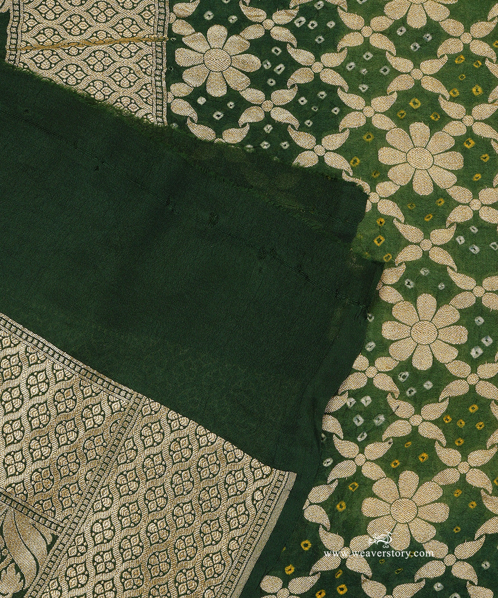 Olive_Green_And_Green_Ombre_Dyed_Handloom_Pure_Georgette_Banarasi_Bandhej_Dupatta_WeaverStory_04