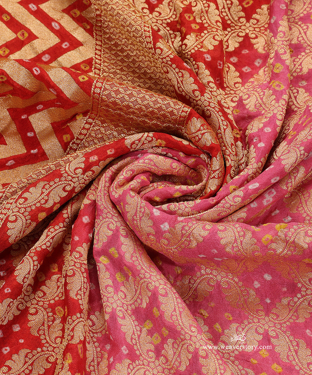 Red_And_Pink_Ombre_Dyed_Handloom_Pure_Georgette_Banarasi_Bandhej_Dupatta_WeaverStory_05