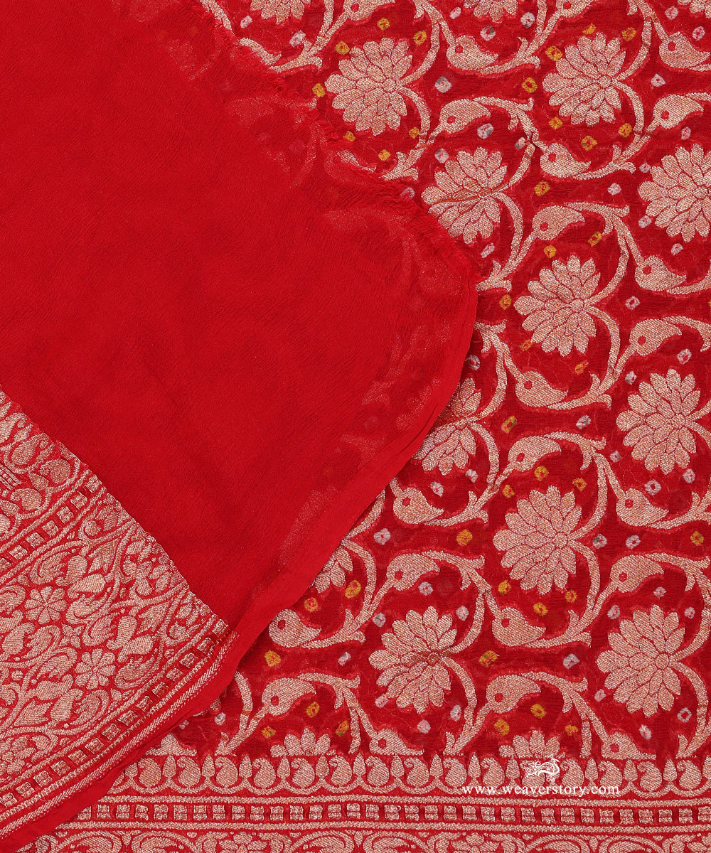 Red_Handloom_Pure_Georgette_Banarasi_Bandhej_Dupatta_With_Flower_Jall_WeaverStory_04
