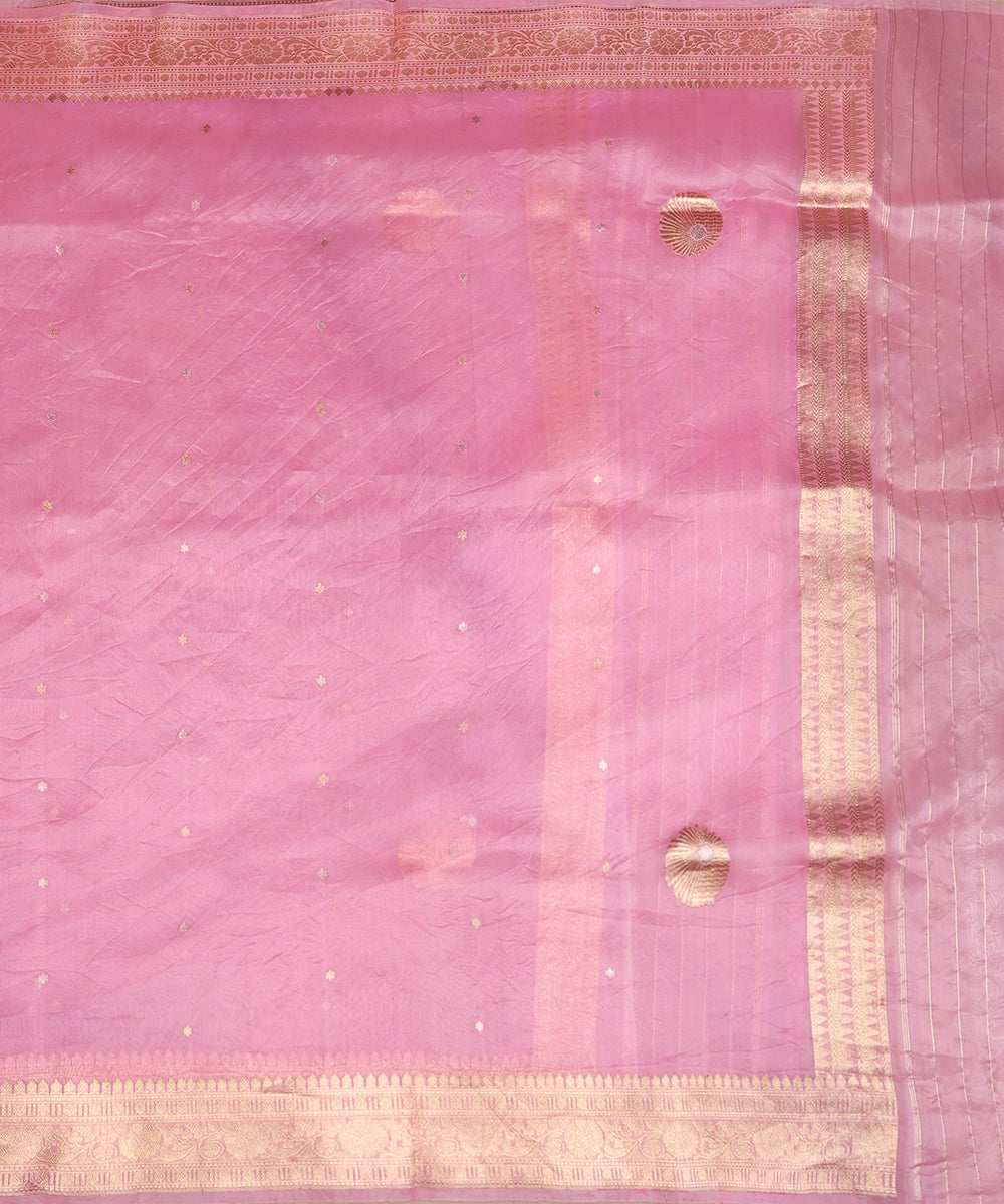 Full view of pink Banarasi Kora silk organza dupatta showing scattered zari bootis, circular bootas, floral borders and striped ends.