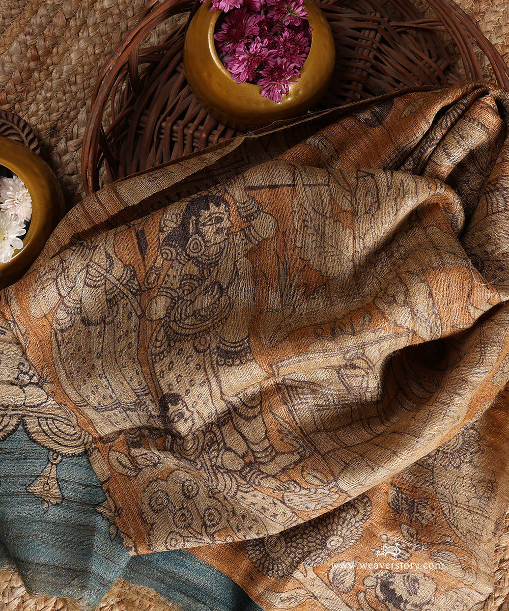 Brown_Handloom_Pure_Tusser_Silk_Hand_Painted_Kalamkari_Dupatta_With_Mythological_Figures_WeaverStory_01
