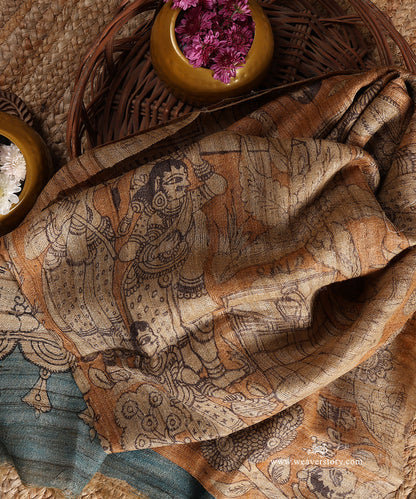 Brown_Handloom_Pure_Tusser_Silk_Hand_Painted_Kalamkari_Dupatta_With_Mythological_Figures_WeaverStory_01