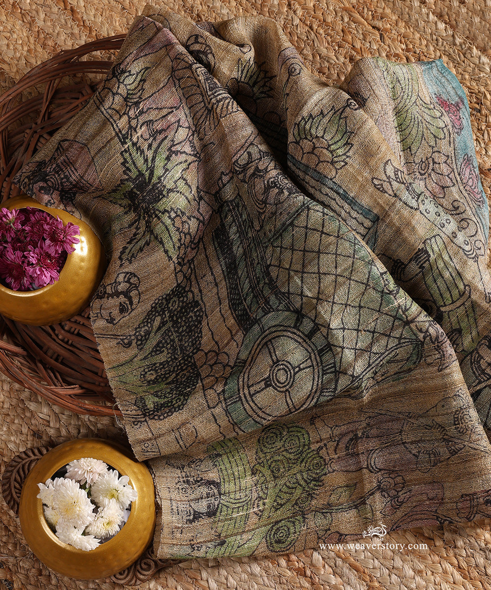 Beige_Handloom_Pure_Tusser_Silk_Hand_Painted_Kalamkari_Dupatta_With_Figures_And_Nandi_Motifs_WeaverStory_01