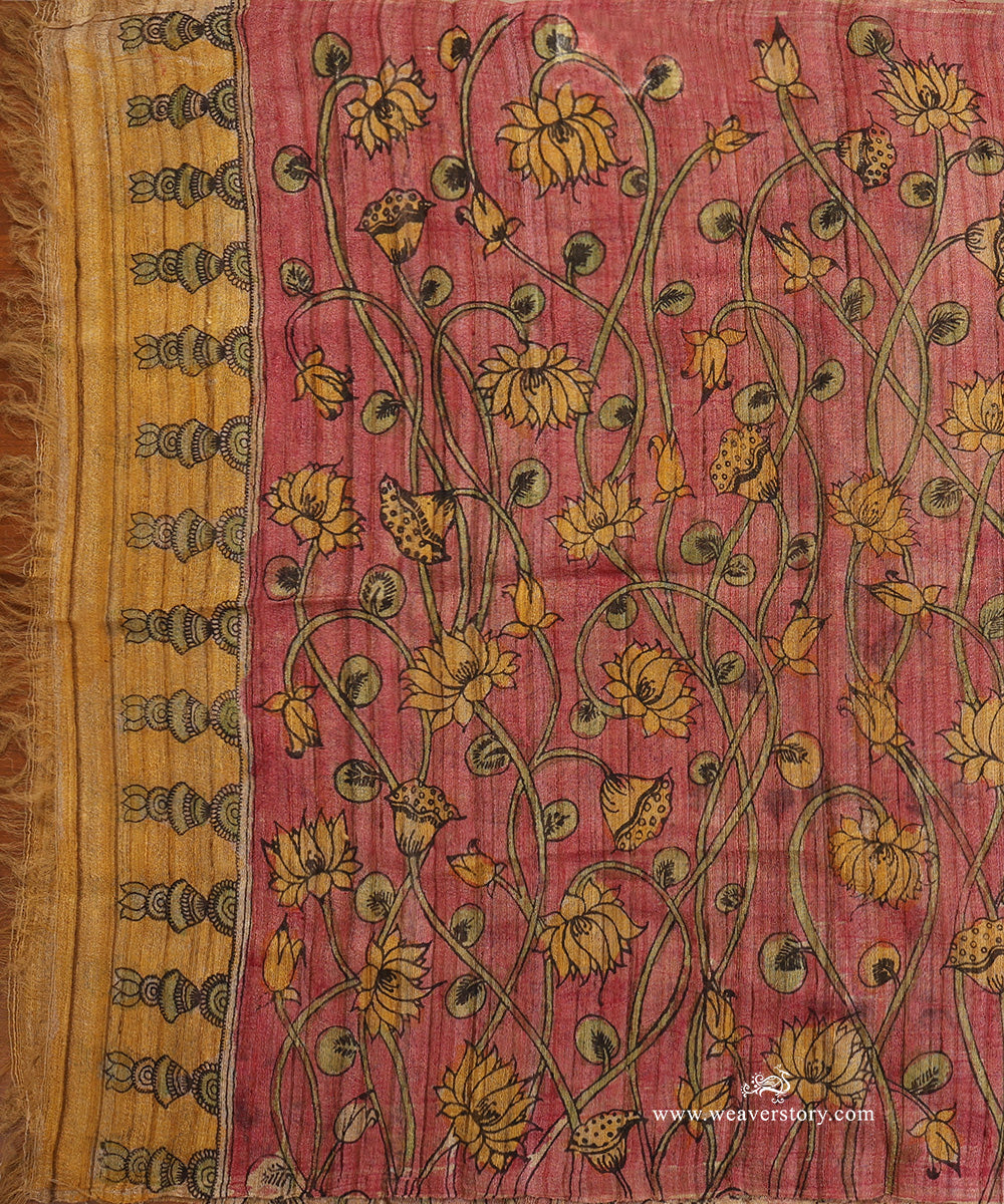 Pink_Handloom_Pure_Tusser_Silk_Hand_Painted_Kalamkari_Dupatta_With_All_Over_Lotus_Jaal_WeaverStory_02