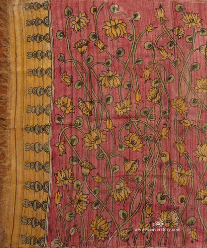 Pink_Handloom_Pure_Tusser_Silk_Hand_Painted_Kalamkari_Dupatta_With_All_Over_Lotus_Jaal_WeaverStory_02