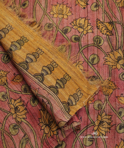 Pink_Handloom_Pure_Tusser_Silk_Hand_Painted_Kalamkari_Dupatta_With_All_Over_Lotus_Jaal_WeaverStory_04