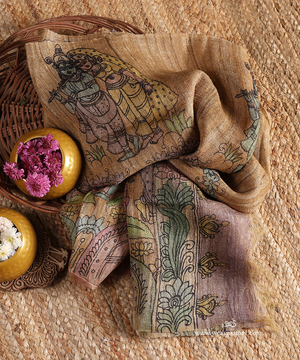 Mustard_Handloom_Pure_Tusser_Silk_Hand_Painted_Kalamkari_Dupatta_With_Radha_Krishna_Motifs_WeaverStory_01